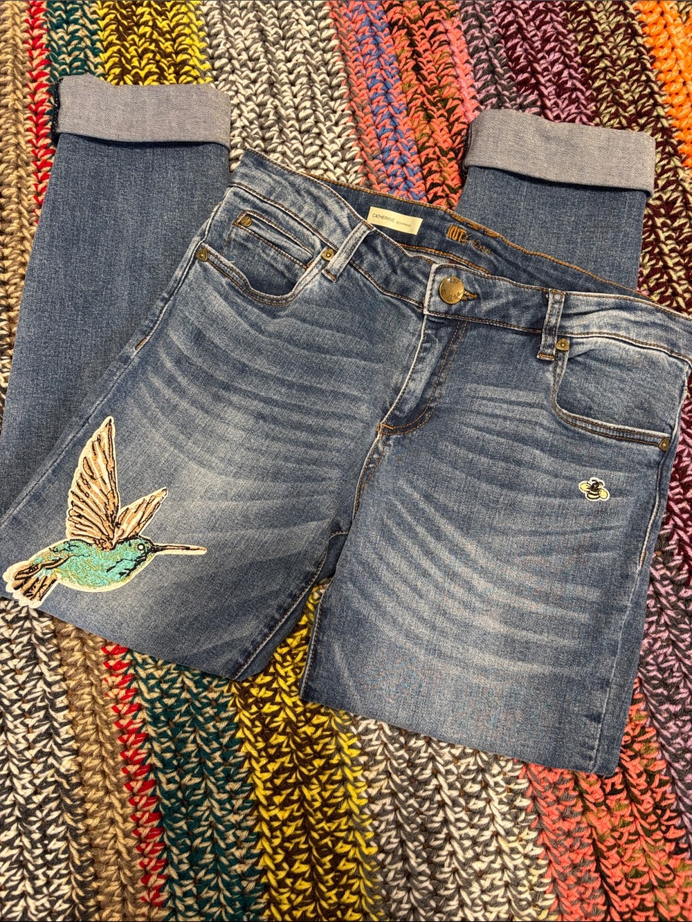 KUT from the kloth- Blue Embroidered Hummingbird & Rose Jeans Sz 6 - Picture 4 of 10